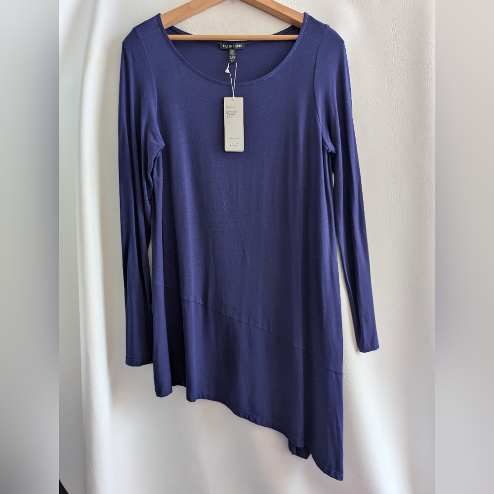 Eileen Fisher Women's Jersey Long Sleeve Blue Asymmetrical Pullover Top - S
